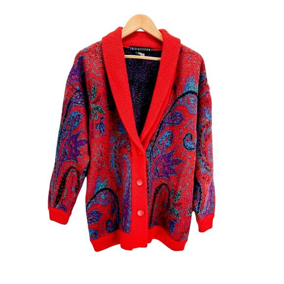 Vintage I.B. Diffusion Knit Cardigan Womens M Red Paisley Sweater Art Western - Picture 1 of 7